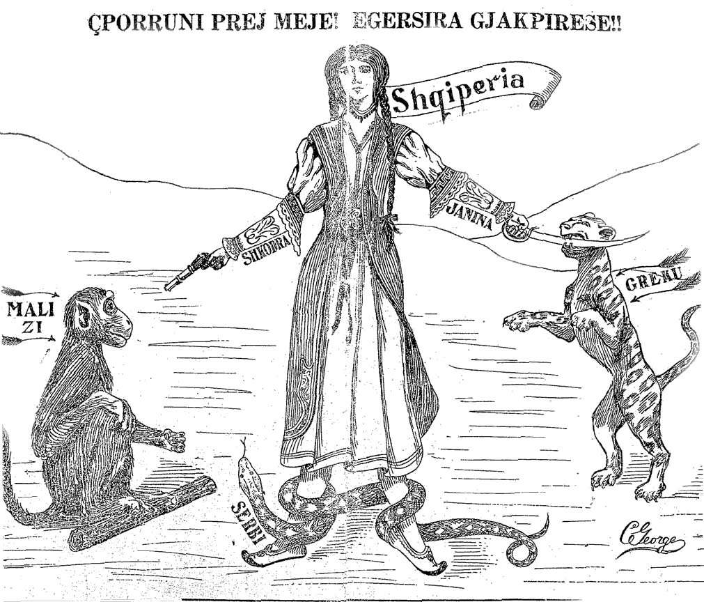 Caricature shows Albania defending itself from neighboring countries.