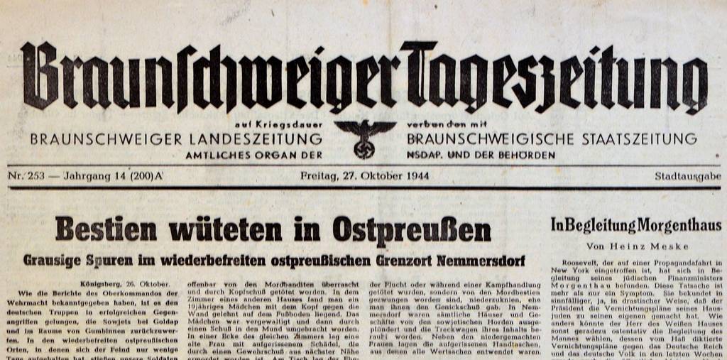 Massaker von Nemmersdorf (Ostpreußen): NS-Propaganda-Schlagzeile in der „Braunschweiger Tageszeitung“ vom 27. Oktober 1944.