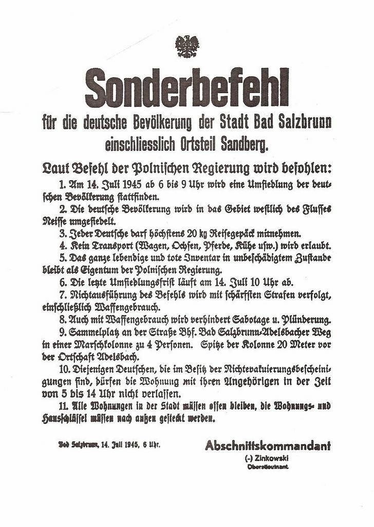 Plakatanschlag - sonderbefehlt für die deutsche Bevölkerung der Stadt Bad Salzbrunn.