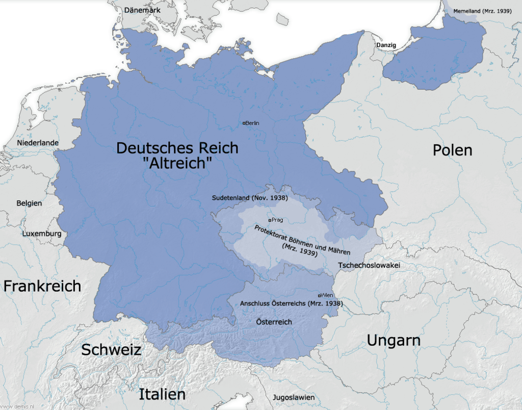 Die Grenzen des Deutschen Reiches (Altreich) am 31. 12. 1937 und Ausdehnungen 1938/1939