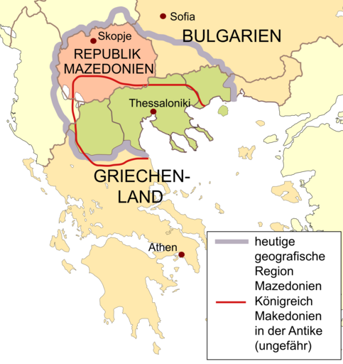 Vereinfachte Übersichtskarte von Mazedonien mit den verschiedenen Bedeutungen des Namens.