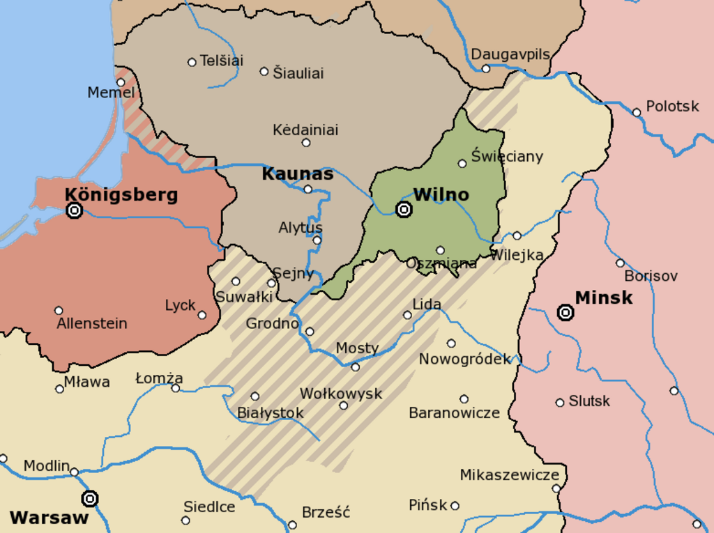 Map showing the extent of Lithuanian (gray) claims on neighbouring countries in the interbellum