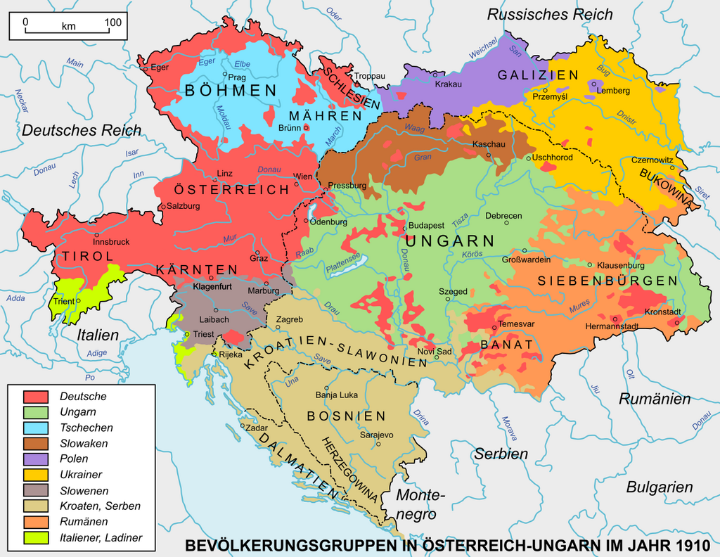 Die Sprachgruppen Österreich-Ungarns im Jahr 1910 (basierend auf dem Geschichtsatlas von William R. Shepherd, 1911).