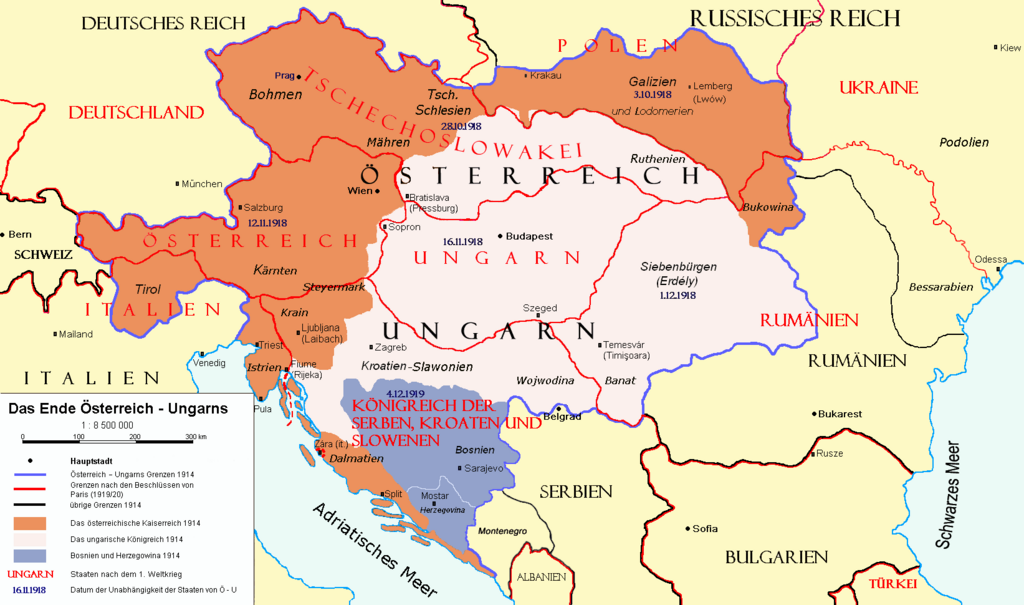 Karte Österreich-Ungarn nach dem Ersten Weltkrieg.