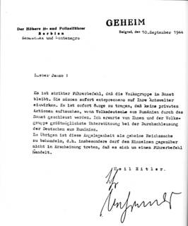 Schreiben an Janko (Volksgruppenführer des Banats und Serbien) auf einen auf den 10. September 1944 datierten „Geheimen Führerbefehl“