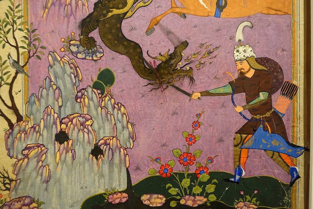 Rustam kills the dragon, folio from Shahnameh of Shah Ismail II