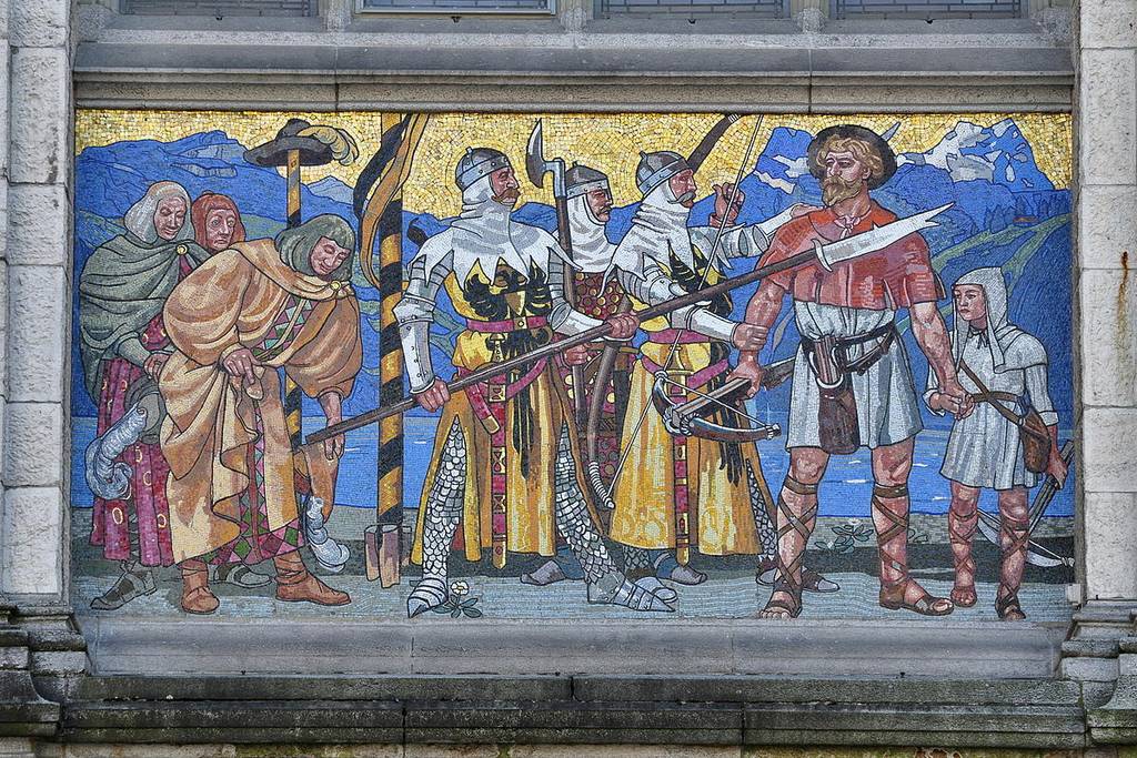 Mosaic of William Tell being arrested by three men-at-arms for not saluting Gessler's hat in Altdorf.