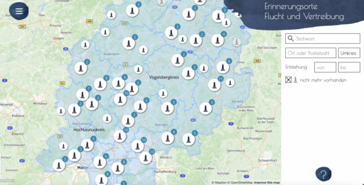 Karte mit Klickpunkten zu Orten in Hessen, die an Flucht und Vertreibung erinnern