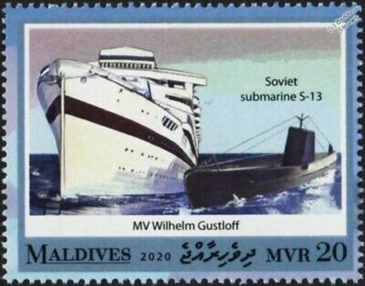 Die Briefmarke von den Malediven zeigt sowohl die Wilhelm Gustloff, als auch das russische U-Boot S-13.